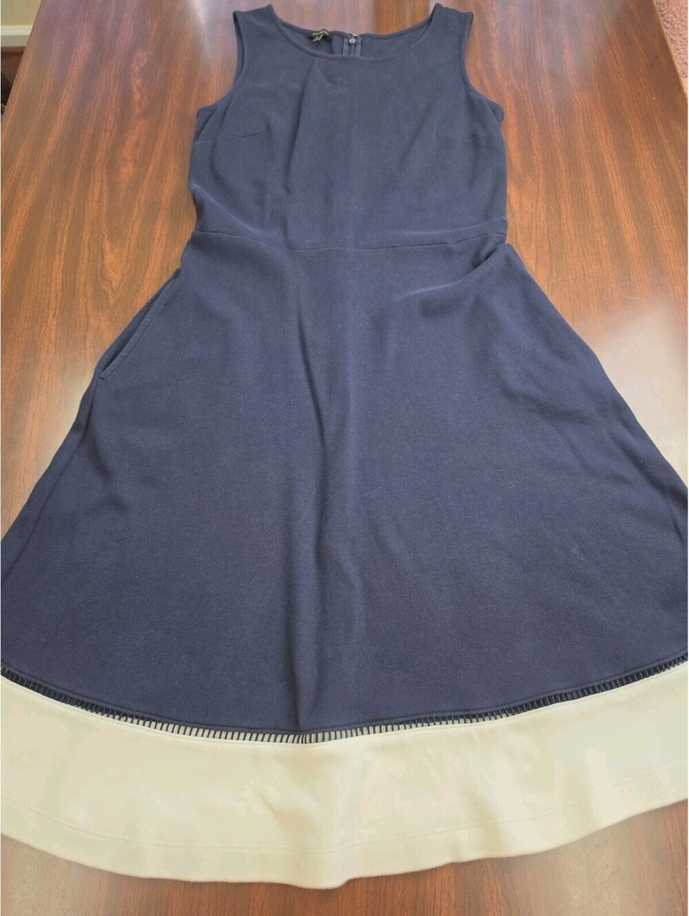 Talbots Womens Navy Blue Ivory Contrast Trim Fit & Flare 100% Cotton Small Dress